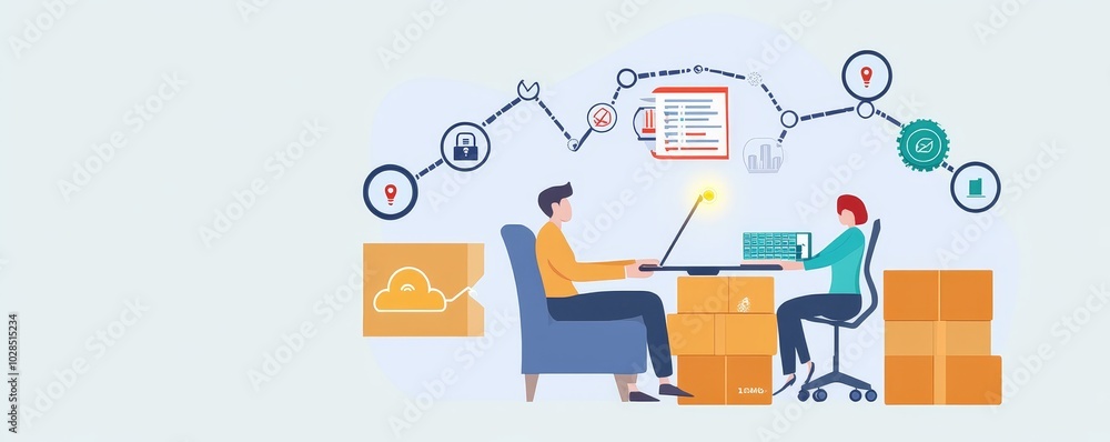 Poster collaborative workspace illustration depicting two professionals working together with technology an