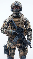 A full-body photograph of an armed soldier in camouflage gear, wearing a helmet and mask on their face, holding a weapon. The background is white. This is a full-length portrait fo