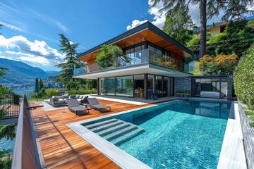 Fototapeta premium Stunning modern villa with swimming pool and wooden terrace, nestled among green trees on the hillside of Lake Como, Italy.