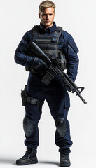 Fototapeta premium A full-body shot of an attractive blond man in navy blue tactical gear holding a rifle, against a white background. High-resolution photography, with insanely detailed, fine detail