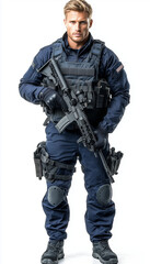 Fototapeta premium A full-body shot of an attractive blond man in navy blue tactical gear holding a rifle, against a white background. High-resolution photography, with insanely detailed, fine detail