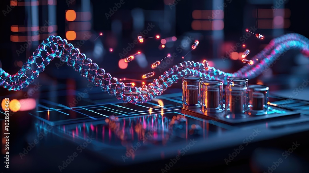 Aufkleber futuristic technology with glowing waves and vibrant particles creating a dynamic digital landscape.