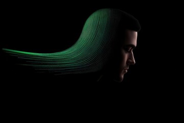 Human silhouette made of digital pixels, blending into a digital interface, symbolizing digital integration, 3D illustration