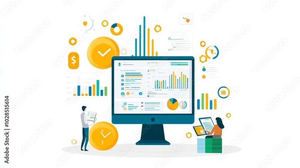 Poster a modern workspace featuring data analysis on a computer screen, showcasing graphs, charts, and fina