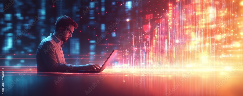 Poster man working on laptop with abstract digital background