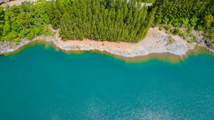 Quarry view point overlooking a large green pond Tham Thong Lang Stone Quarry is located at Ban Nai Wang, Thap Put District, Phang Nga Province.