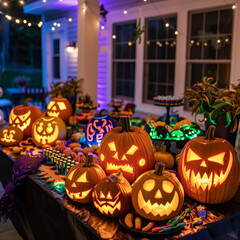 Vibrant Pumpkin Carving Party with Creative Designs, Glowing Faces in the Dark, and a Table Packed with Tools and Festive Treats. A Spooky and Fun Celebration of Halloween.