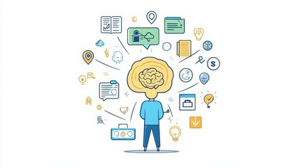 A creative illustration depicting a person with a brain, surrounded by various icons representing ideas and concepts.