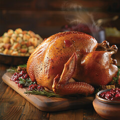 Close-Up of Steaming Golden-Brown Roasted Turkey with Trimmed Garnishes, Cranberry Sauce, and Stuffing, on Rustic Wooden Background. A Classic Thanksgiving Centerpiece Captured in Detail.