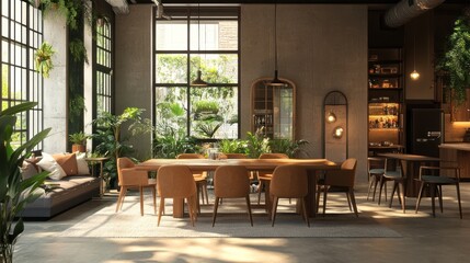 Fototapeta premium A modern dining area with a wooden table and chairs, surrounded by greenery and natural light.