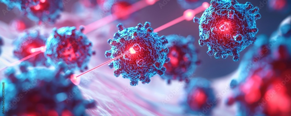 Poster close-up view of vibrant virus cells, illustrating their complex structure and dynamic movement in a