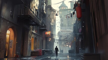 Fototapeta premium A solitary figure walks down a narrow, dimly lit alleyway in a city.