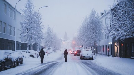 Snow-Covered Street in a City with Two People Walking and Cars Parked