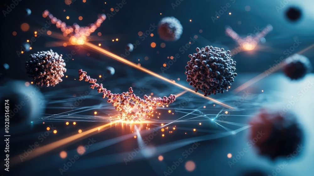 Poster creative representation of microscopic particles and molecular interactions in a digital environment
