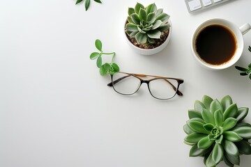 Minimalist white desk viewed from above, featuring a coffee cup, glasses, and a potted succulent plant on the right side, with ample empty space for text or design elements.
