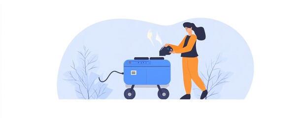 Fototapeta premium A woman operates a generator outdoors, showcasing energy management in a vibrant, cartoonish style amidst a winter backdrop.