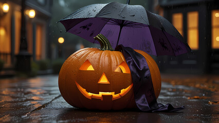 Umbrella, surrounded by Halloween-themed decorations