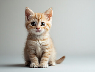 A small orange kitten with white whiskers and a curious expression. It has large eyes and a cute face.