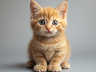 A small orange kitten with white whiskers and a curious expression. It has large eyes and a cute face.