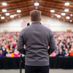 Fototapeta premium A speaker addresses a large audience in a spacious venue.
