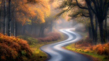 Obraz premium An empty, winding road winds through the woods on an autumn morning, shrouded in fog. The trees are adorned with leaves in various shades of orange and brown. 