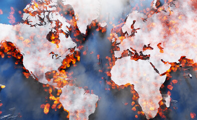 Flaming world map indicating environmental disaster and turmoil