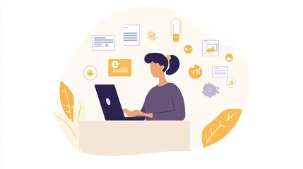 Illustration of a woman working on a laptop, surrounded by project documents and digital tools, symbolizing modern productivity.