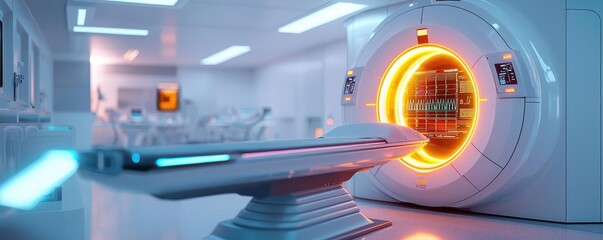 Modern medical imaging room featuring a high-tech CT scanner and examination table, designed for patient comfort and efficiency.
