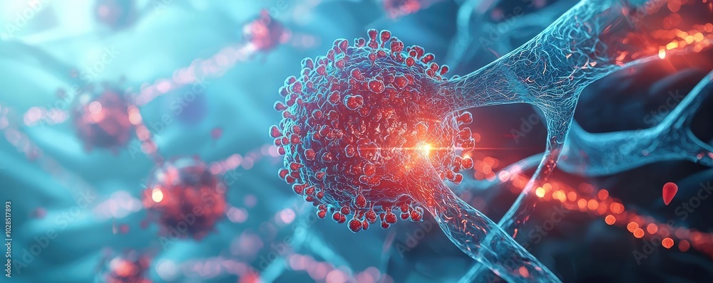 Poster close-up of vibrant cells and neural structures in a digital art representation.