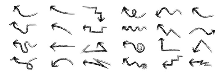 Vector arrows drawn in charcoal, chalk by hand. Different black pointers.