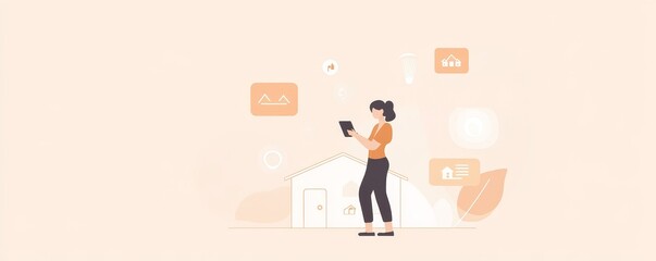 A woman interacts with a digital device, surrounded by icons representing technology and communication in a modern setting.