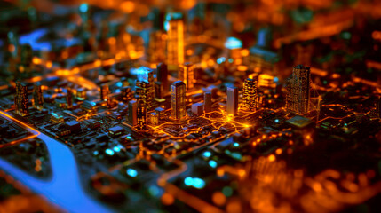 Miniature conceptual city on an electronic board in a network of cybernetic connections