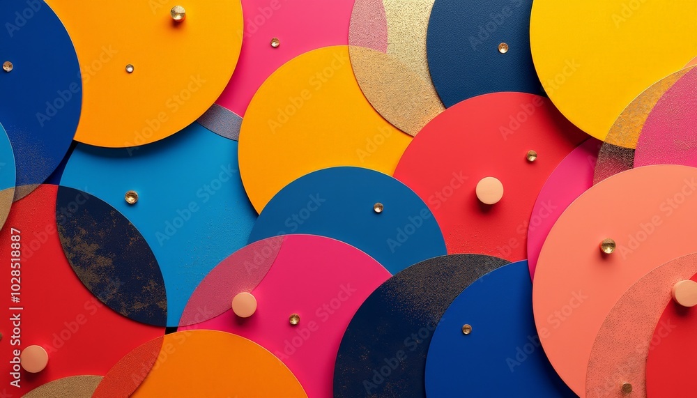 Poster colorful geometric circles in vibrant hues with layered composition representing dynamic harmony and