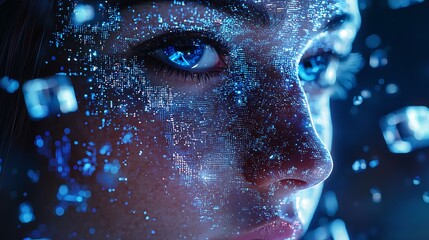 Detailed illustration showing a woman's face with floating cubes symbolizing high-tech AR.