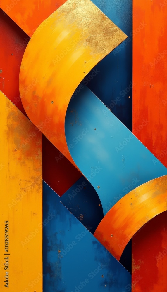 Aufkleber abstract geometric composition with triangular shapes in bold orange, yellow, and blue creating dyna