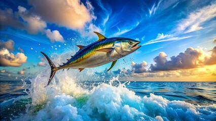 Fototapeta premium Surreal Tuna Fish Jumping from Ocean Under Bright Blue Sky with Splashing Water - Enchanting Marine Scene in Dreamlike Atmosphere
