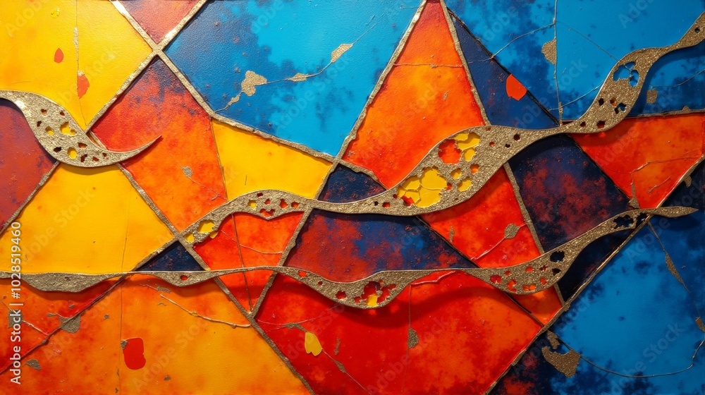 Poster abstract geometric composition with vibrant colors and overlapping shapes creating dynamic visual rh