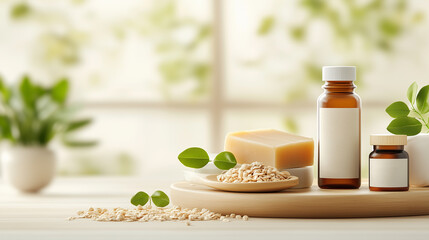 A bottle of lotion sits on a wooden table next to a bottle of soap