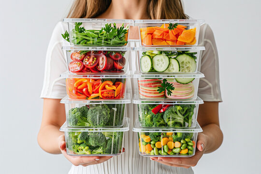 young woman and plastic containers with vegetables for freezing on white background