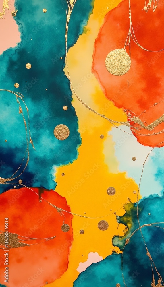 Poster abstract watercolor background with orange and teal fluid shapes representing warm and cool color ha