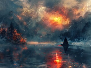 Solitude on a Mystical Lake at Sunset