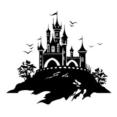Obraz premium Majestic Castle on a Hill – Evoke the Essence of Fairy Tales and Adventure. Perfect for Book Covers, Illustrations, and Wall Art. Let This Timeless Scene Inspire Imagination and Add a Touch of Fantasy