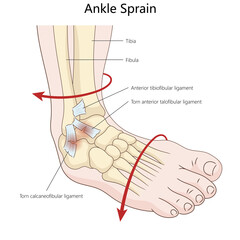 ankle sprain showing torn ligaments, anterior talofibular and calcaneofibular ligaments, injury mechanics diagram hand drawn schematic raster illustration. Medical science educational illustration