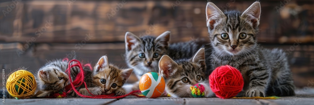 Poster kittens delight in a playful moment, interacting with yarn, rolling balls, and each other while enjo