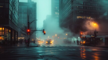 A Foggy City Street at Night with Streetlights Reflecting in the Wet Pavement