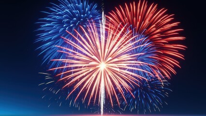 Obraz premium Vibrant red and blue fireworks burst across the night sky, creating a dazzling and festive display of light and color