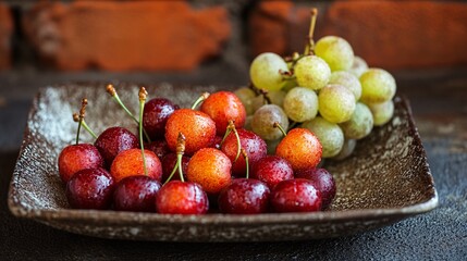 Close up of cherries in a fruit platter, isolated dark background. 