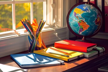 A neatly arranged desk with colorful notebooks pencils and a globe ready for the first day back to school sunlight streaming in through a nearby window