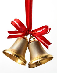 golden bells with red ribbons hanging from them. Christmas celebrations. isolated on white background