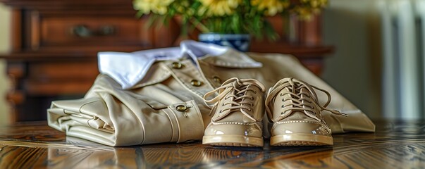A pair of polished school shoes with neatly tied laces resting beside a neatly folded uniform ready for the first day back